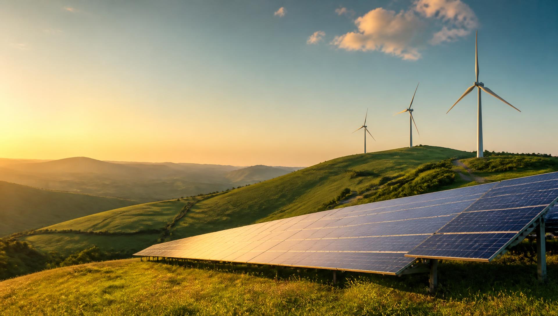 Impianto fotovoltaico e pale eoliche in un paesaggio collinare al tramonto
